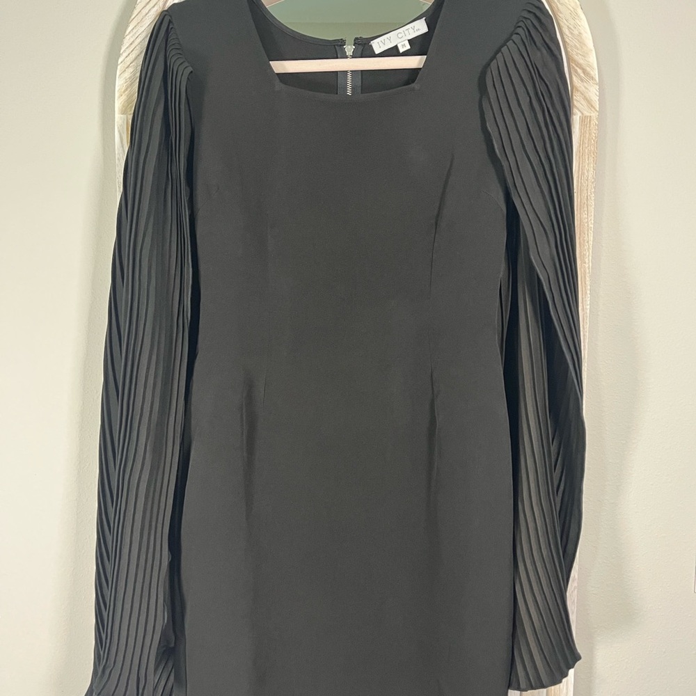 Ivy City Co Black Dress with Cape Pleated Sleeves